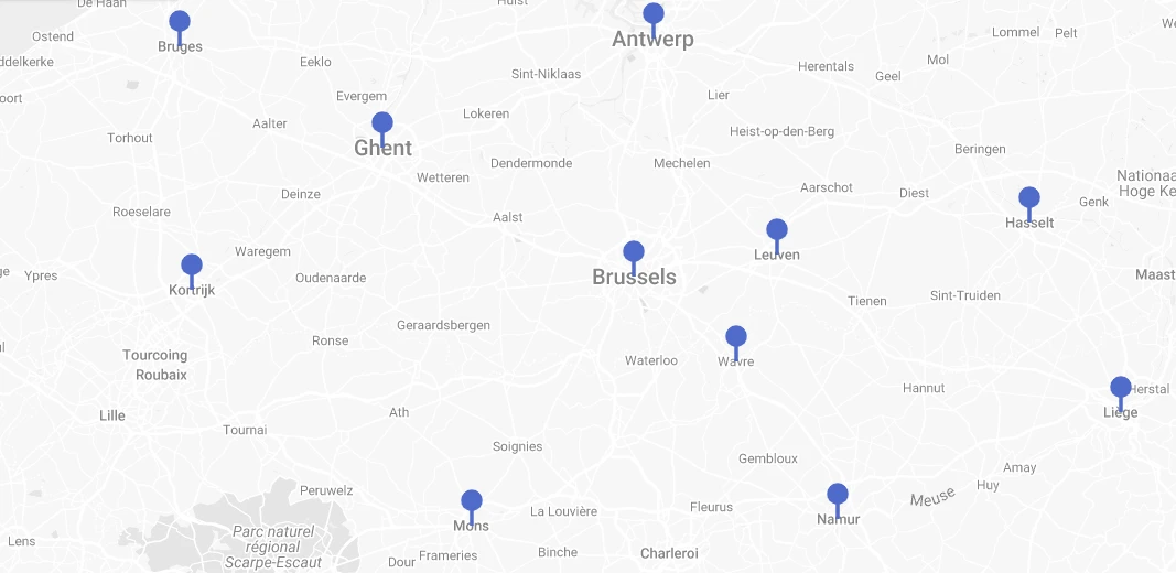 Kantoren in meerdere regio’sAntwerpen Brussel Gent Hasselt Kortrijk Leuven Aarlen Bergen Luik Namen Waver