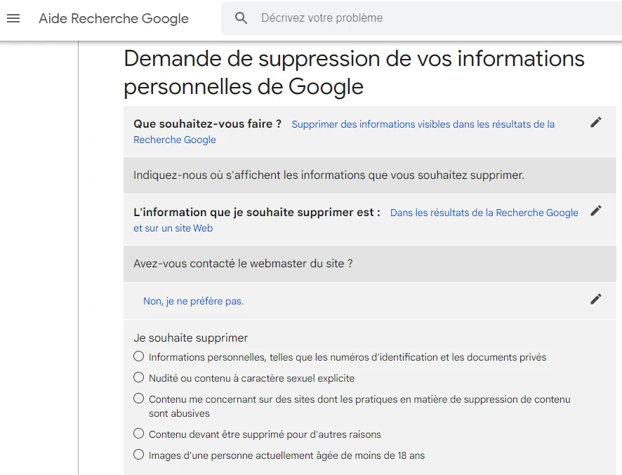 Demande de suppression de vos informations personnelles de Google_web