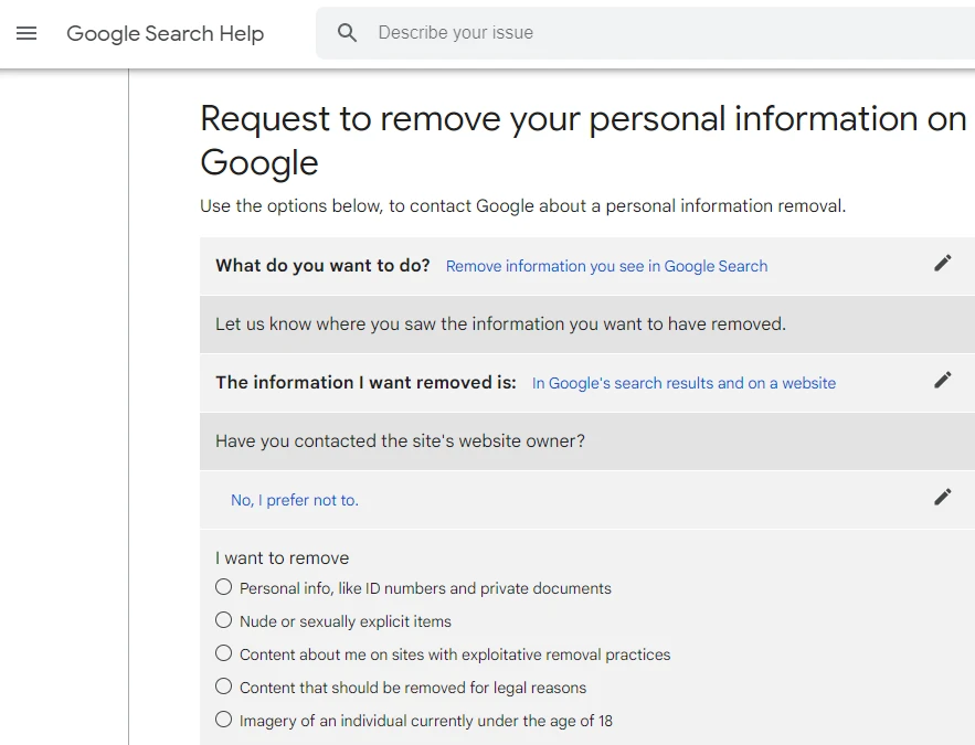 Request to remove your personal information on Google